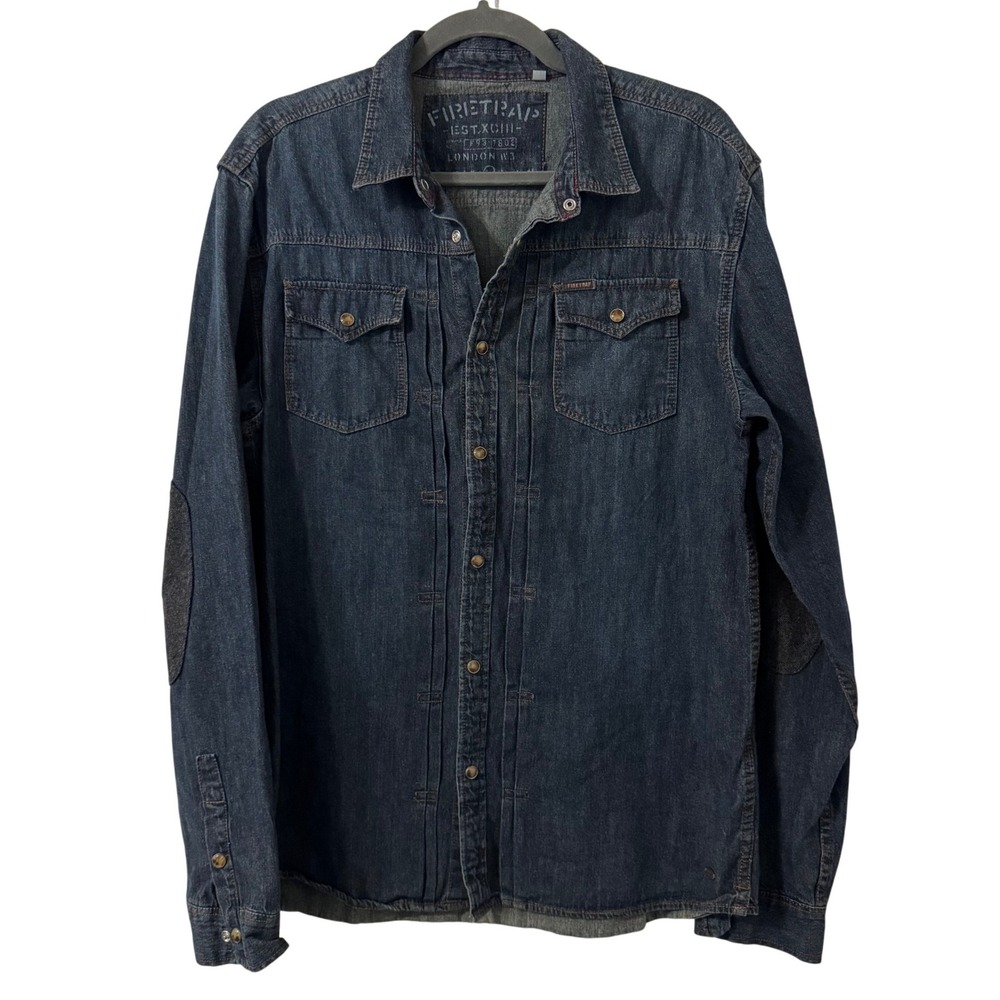 Firetrap Denim Shirt Mens XL Dark Blue Pearl Snap Rare 90s Elbow Patch‎